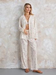 Home Clothing Women S Pajama Sets Heart Print Long Sleeve Button Closure Shirt With Pants Sleepwear Loungewear