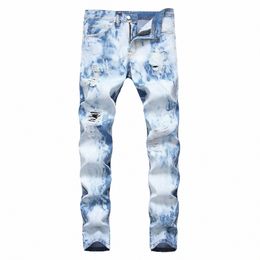 2021high Street Men's Ripped Jeans Men Casual Slim Fit Denim Trousers Point Bleaching Straight Stretch Jeans Light Blue I0Ps#