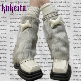 Harajuku Y2k Women Leg Warmers Socks Punk Rock Rivet Buckle Furry Boot Covers Japanese Kawaii Winter Warm Leg Cover Streetwear 240315