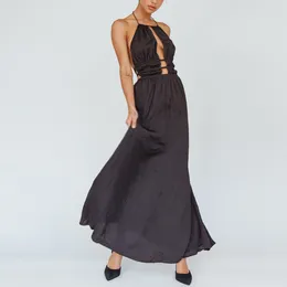 Casual Dresses Women Sexy Open Back Long Dress Solid Colour Halter Neck Tie-up Sleeveless Cutout Ruched Party Cocktail Formal Gown