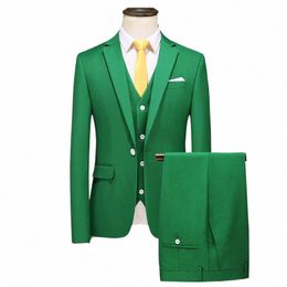 emerald Green Men Sets Busin Casual Solid Color Suits / Male One Butt Blazers Jacker Coat Vest Trousers Pants 77hS#