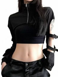 hollow Out Techwear Fi Cargo Cardigans Cyber Gothic Zip Up Sexy Crop Jackets Y2k Punk Turtleneck Streetwear Tops I7IK#