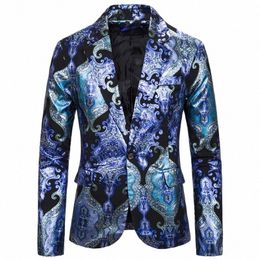 shenrun Men Causal Blazers Jacket Palace Style Colour Hot Stam Print Suit Jacket Blue Red Black Stage Costumes Singer Host k0s6#