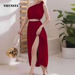 Work Dresses Spring Solid Color Lady Elegant Two Piece Set Fashion Diagonal Shoulder Butterfly Strap Sexy Split Womens 2024