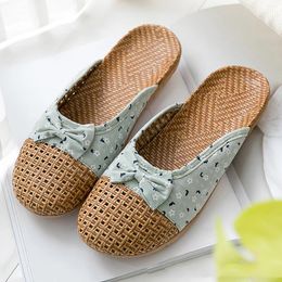 Slippers Bowknot Home Linen Women's Indoor Wood Floor Slipper Women Woven Straw Spring Summer Casual Walking Flat Footwear