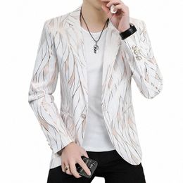 spring Men's Blazer Luxury Gold Stripe Print Blazer Men Slim Busin Casual Blazer Nightclub Singer Prom Jacket Plus Size S-3XL f69W#