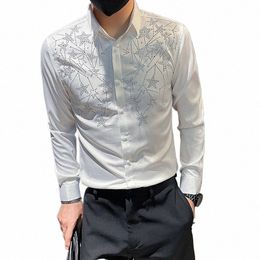 star Rhineste Men's Shirt Lg Sleeve Slim Casual Shirt Black White Busin Formal Dr Shirts Social Party Tuxedo Blouse r0LE#