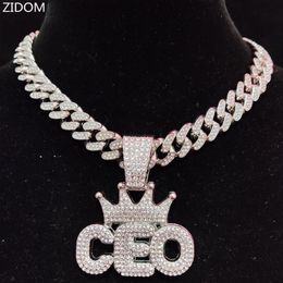 Pendant Necklaces Men Women Hip Hop CEO Letter Necklace With 13mm Crystal Cuban Chain Iced Out Bling HipHop Fashion Jewelry240c