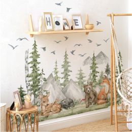 Albums Large Forest Animals Deer Bear Wall Stickers for Kids Rooms Nursery Wall Decals Boys Room Decoration Cartoon Animals Trees Mural