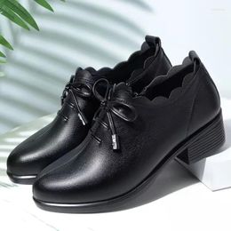 Casual Shoes Women Soft Leather Single 2024 Spring Sole Chunky Heels Ladies Lace Up Mid Heel Woman Pumps Zapatos