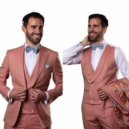 costumed Coral Red Men' s Suit 3 Pieces Blazer Vest Pants Single Breasted Peaked Lapel Slim Fit Busin Modern Wedding Groom x3my#