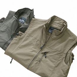 men's Vest Outdoor Stand Collar Functial Multi Pocket Waterproof Breathable Quick Dry Zipper Vest Shoulder 08xR#