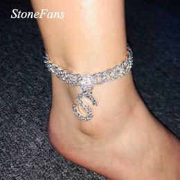 Anklets Stonefans 26 Letter Water Diamond Cuban Chain Letter Foot Bracelet Womens Hip Hop Ice Out Cuban Foot Bracelet Pendant Silver JewelryL2403
