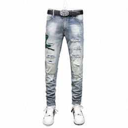 high Street Fi Men Jeans Retro Wed Blue Elastic Stretch Skinny Ripped Jeans Men Snake Patch Designer Hip Hop Brand Pants i8iG#