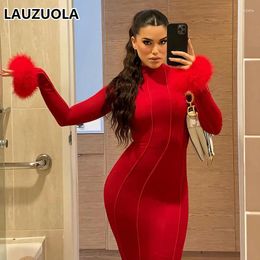 Casual Dresses Sexy Fluffy Hem Sleeve Backless Red Long Dress 2024 Autumn Winter Fashion Elegant Night Club Party Bodycon Outfits