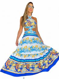 new Bohemian Sexy Printed Women Dres Halter Sleevel Backl Naked Waist Lg Dr Fi Summer Beach Holiday Robe B3aw#