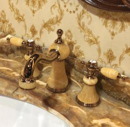 Bathroom Sink Faucets Gold Clour 8 Inch Widespread 3 Pieces Lavatory Faucet Mixer Tap Free Ship Yellow Stone