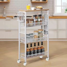 Hooks 4-Tier Slim Rolling Cart On Wheels Wooden Tabletop Kitchen Storage Organizer For Bathroom Living Room White