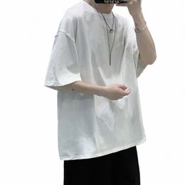 new Heavyweight Pure Cott Pure White Japanese Men Short Sleeved T-shirt American Oversized Summer Loose Bottomed Shirt Top Ins f2S1#