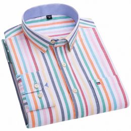men's Versatile Casual Chequered Oxford Cott Shirts Single Chest Pocket Lg Sleeve Standard-fit Butt Down Striped Shirt J6hl#