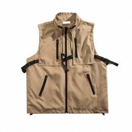 2023 Techwear Vest Mens Hip Hop Tactical Cargo Vest With Many Pockets Women Stand Collar Zipper Waistcoat Sleevel Jacket W8mL#