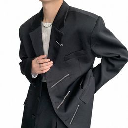 oversized Black Blazer Men High-end Fi Leisure Suit Jackets Multi-zippers Male Streetwear Casual Korean All-match Suit S1QY#