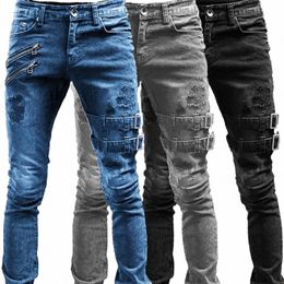 men Slim Biker Ripped Lg Denim Trousers Skinny Jeans Pocket Side Straps and Zips Male Jogging Pants Destroyed Stretchy Pants 60D7#