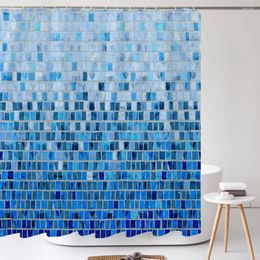 Shower Curtains Blue Mosaic Pattern Bath Curtain Waterproof Geometric Screen Printed With Hooks For Bathroom Gift