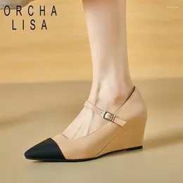 Dress Shoes ORCHALISA Women Pumps Pointed Toe Wedges High Heels 6cm Buckle Strap Mixed Colour Plus Size 41 42 43 Elegant Female Spring