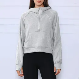 Women's Hoodies Autumn Winter Half Zip Sports Loose Short Paragraph Padded Cropped Sweatshirt Clothes Warm Long Sleeve Top Yoga Pullover