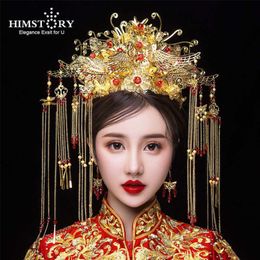 HIMSTORY Classical Chinese Wedding Phoenix Queen Coronet Crown Brides Gold Hair Jewelry Accessories Tassel Wedding Hairwear H08272672