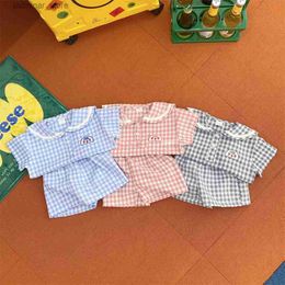 T-shirts 2023 Summer New Baby Girl Navy Collar Clothes Set Infant Short Sleeve Plaid Lapel Shirts + Shorts 2pcs Suit Toddler Pp Pants Set24328