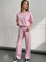 Women's Two Piece Pants 2024 Solid Colour Luxury Short Sleeved Loose T-shirt Casual Straight Leg Guard Set Spring