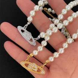 Women Jewelry Pearl Necklace Saturn Orbit Pendant bracelet Silver zircon Chain Designer Gift319K