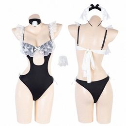 sexy Hollow Lace Bodysuit Women Backl Maid Uniform Underwear Cosplay Costume Lingerie Role Play Outfits Bandage Nightgown n3SC#