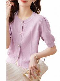 sentubila Summer Purple Knitted Cardigans for Women 2023 Elegant V Neck Puff Half Sleeves Straight Fi New Knit Sweater 38mA#