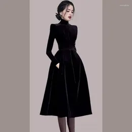 Casual Dresses Fashion Runway Black Velvet Dress Women Long Sleeve Turtleneck Party Dinner Slim High Waist Midi Vestidos Elbise