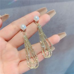 Delicate Long Tassels Earring Eardrop Metal Gold Stud Geometric Famous Women 925 Silver Crystal Rhinestone Pearl Earring Wedding Party Jewerlry Without Letters