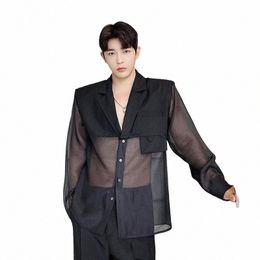 summer New Ultra-thin Suits Coat Men Sexy Transparent Yarn Breathable Streetwear Oversized small Blazer Coat Male Stylist Jacket 40Ni#