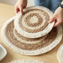 Table Mats Round Natural Wicker Cotton Woven Tassels Placemat Plate Water Straw Dining Boho Dinner Mat Heat Resistant Placemats