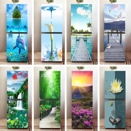 Stickers Blue Sea Dolphin Fridge Stickers Flower Field Tiger Refrigerator Sticker Selfadhesive Wallpaper Nature Door Cover Film Decor