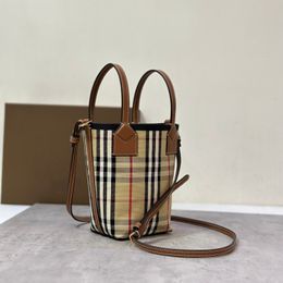 Designer mini tote bag fashion handbag genuine leather mirror quality a compact brown shoulder bag in Check cotton canvas finished bucket bag