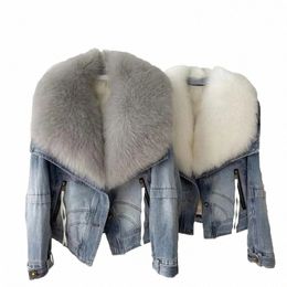 2023 Winter Women New Luxury Natural True Fox Fur Big Collar Goose Down Denim Down Jackets Short Warm Casual Jacket Coat o4dE#