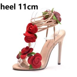 Sandals Crystal Queen Womens Red Rose Cross Tie High Heels Summer Dress Sexy Shoes H240328F61L