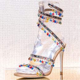 Dress Shoes Multicolor Crystal Pendant Ankle Snake Wrap Sandals Woman Summer 2024 Open Toe Slingback Wedding Bridal Luxury Pumps