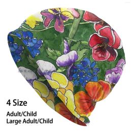 Berets Pansies Beanies Knit Hat Watercolor Ink Pansy Floral Seasonal Holiday Colorful Flower Garden Spring Purple Yellow Green