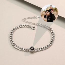 925 Sterling Silver Personalised Chain Custom Projection Po Bracelet for Women Men Couple Classic Punk Jewellery Birthday Gift 240323