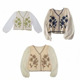 women Casual V-Neck Butt Down Cropped Cardigan Puff Lg Sleeve Elegant Embroidery Floral for Jacket Cover Up Blouse S N7YD T3af#