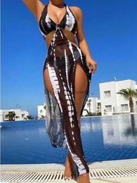 Women's Swimwear 3 Pieces Halter Ring Link Bikini 2024 Women Cut Out Side Cover Up Dress Swimsuit Sexy Swimwear Female Bathing Swimming Swim Suit T240328