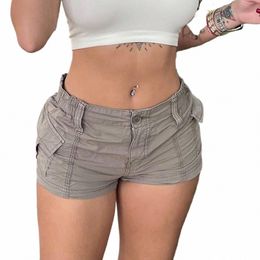 women Solid Casual Denim Shorts Pockets Workwear Mini Hot Cargo Short Pants Mujer Spring Summer Loose Comfy Cortos Streetwear u1sL#